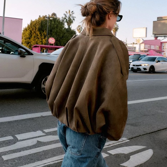 NWT Zara brown SUEDE EFFECT BOMBER JACKET - Picture 5 of 9